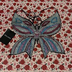SOLADO Butterfly Rhinestone Halter Top Y2K Festival Pink Blue Silver S NEW a3